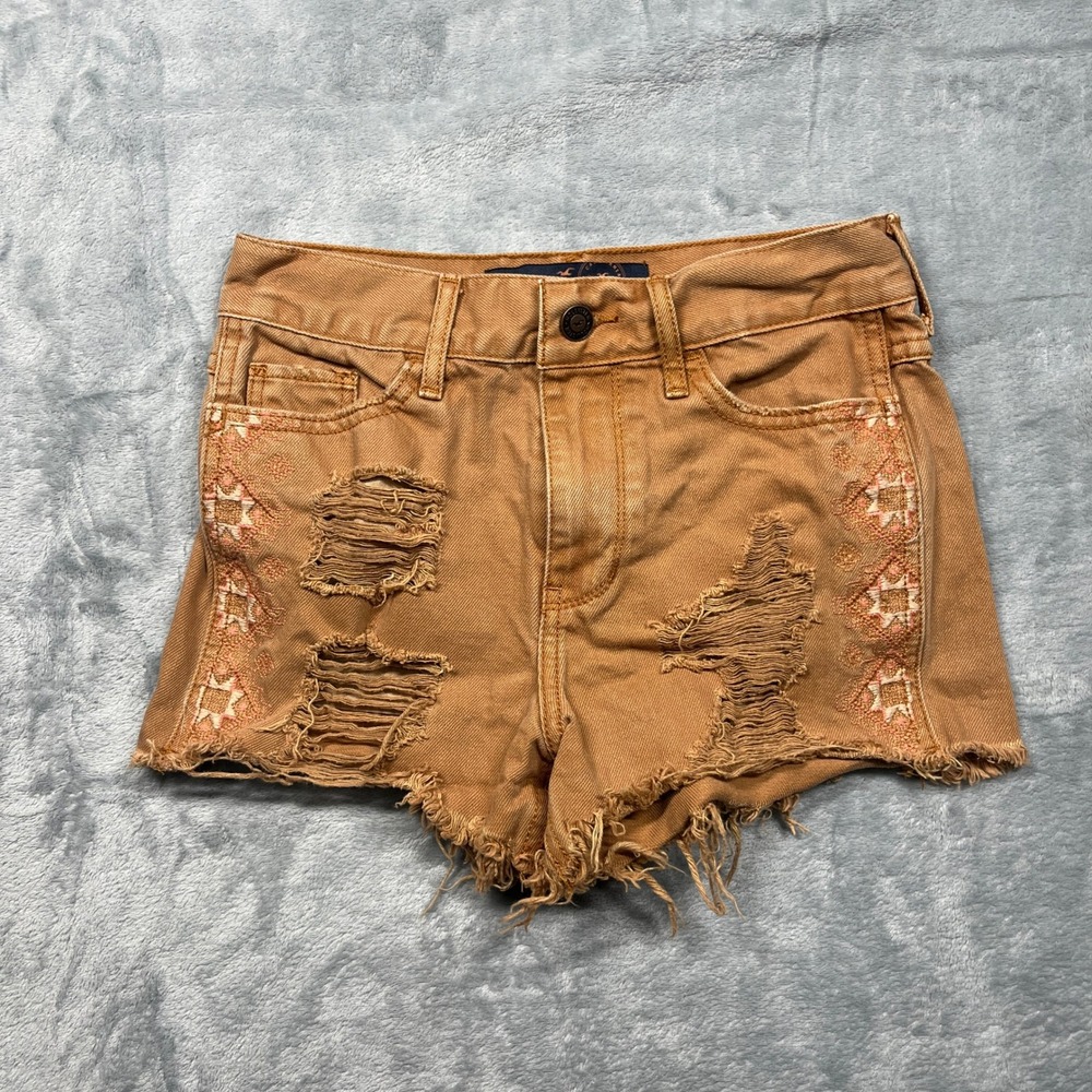 Hollister Denim Shorts Womens Tan High Rise Distressed Embroidered Boho 00/23